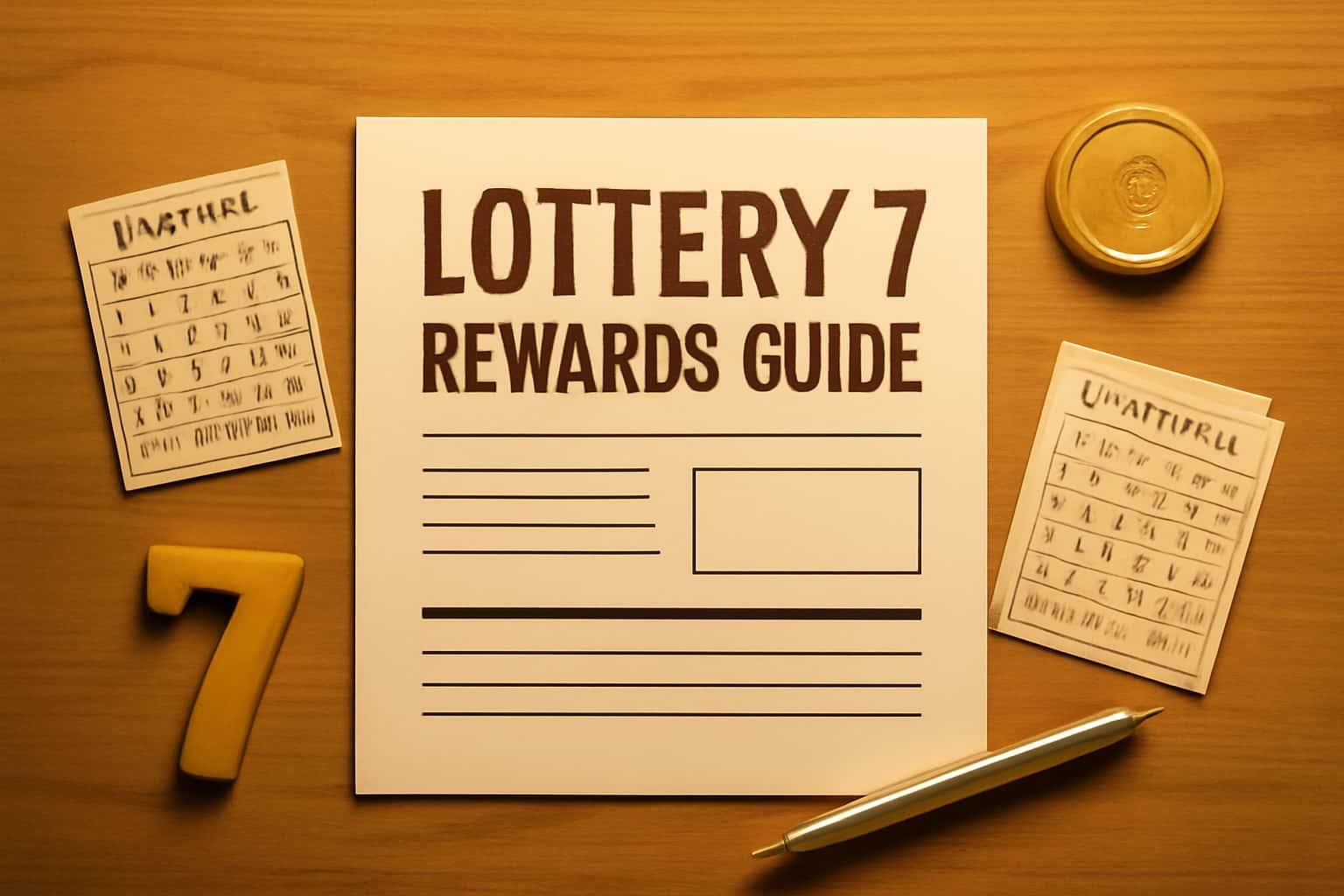 An informational scene depicting the Lottery 7 Rewards Guide with a clean design and #c99914 accents.
